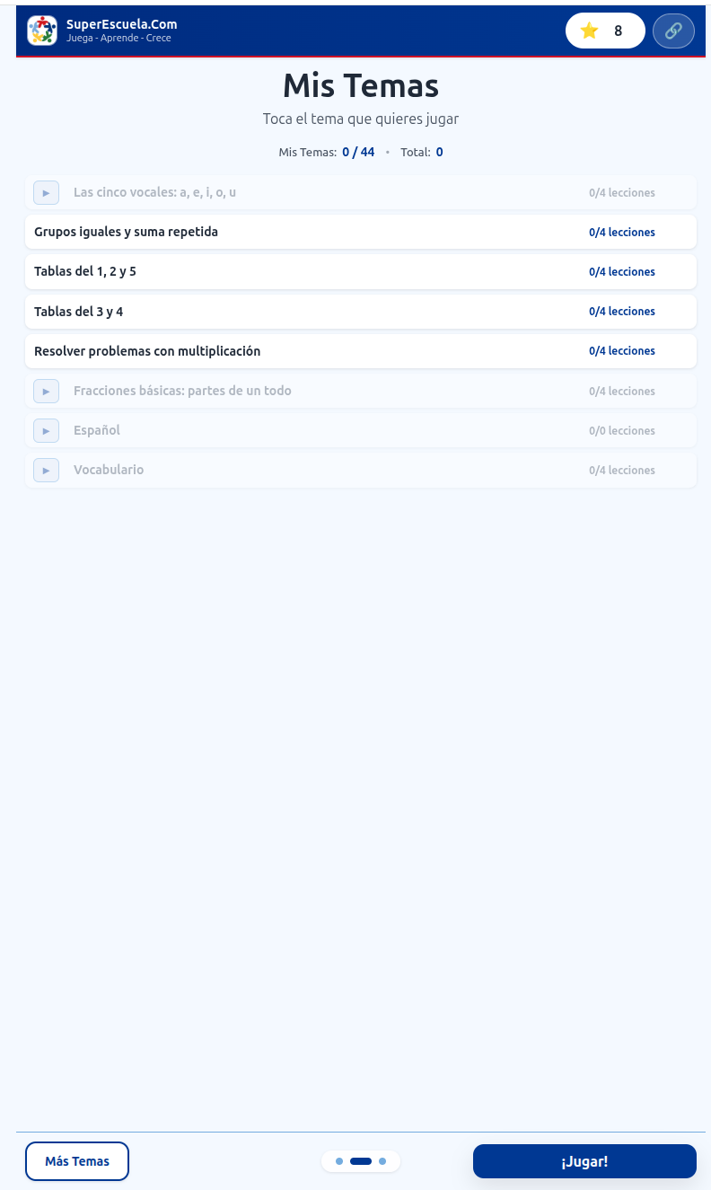 Pantalla Mis Temas de la app de SuperEscuela, con la lista de temas elegidos y su avance en lecciones.