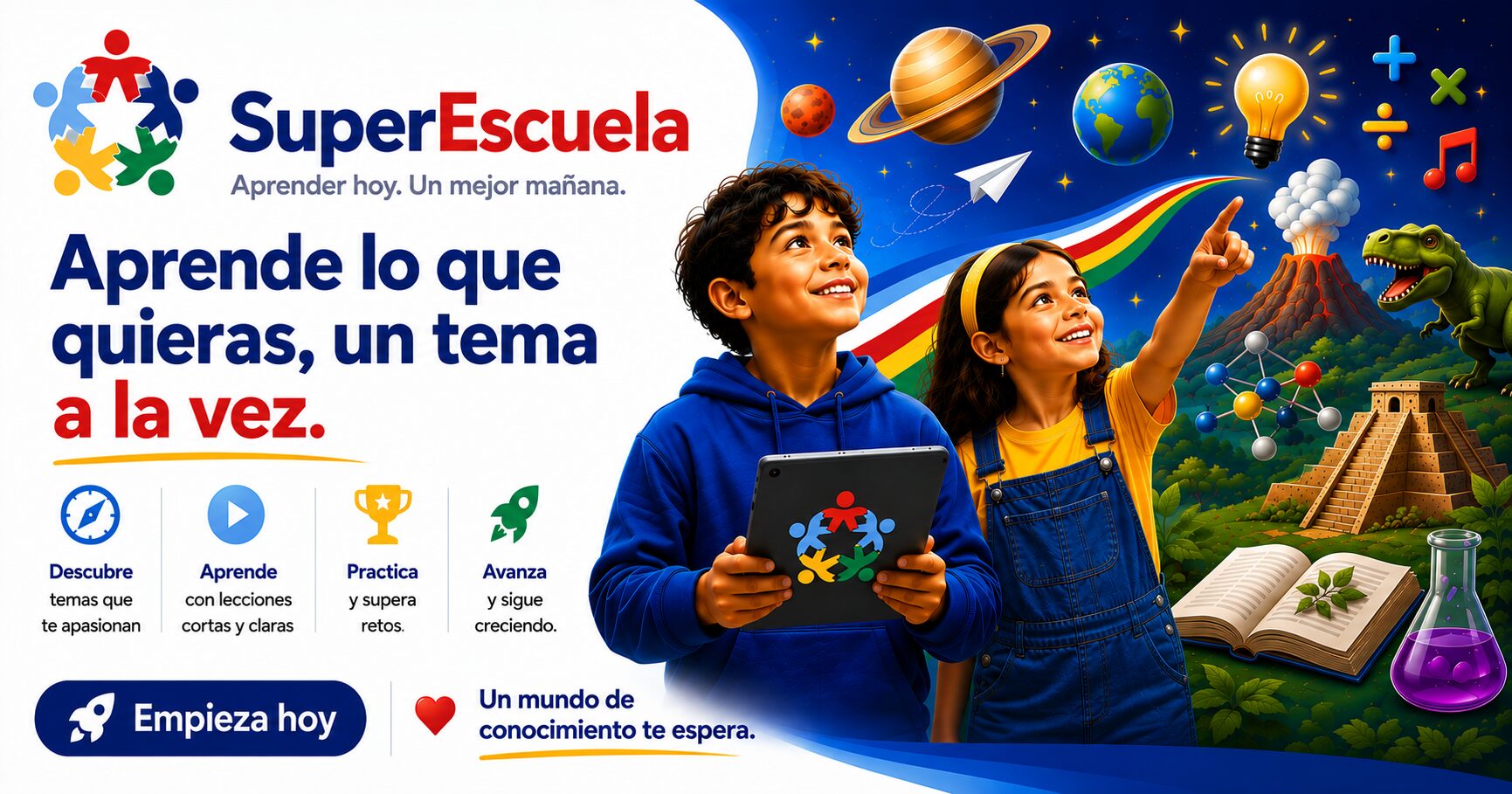 Aprende lo que quieras, un tema a la vez: descubre temas que te apasionan, aprende con lecciones cortas, practica y supera retos, y sigue creciendo. Empieza hoy.