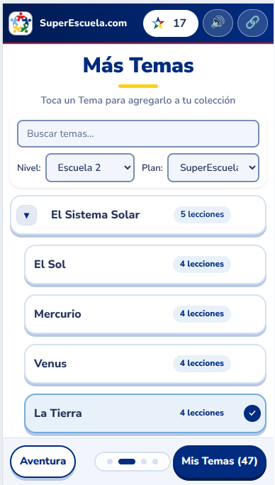 Pantalla Más Temas de SuperEscuela App, con el tema El Sistema Solar abierto.