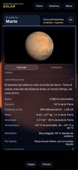 SuperEscuela Solar en un celular, con la ficha de Marte.